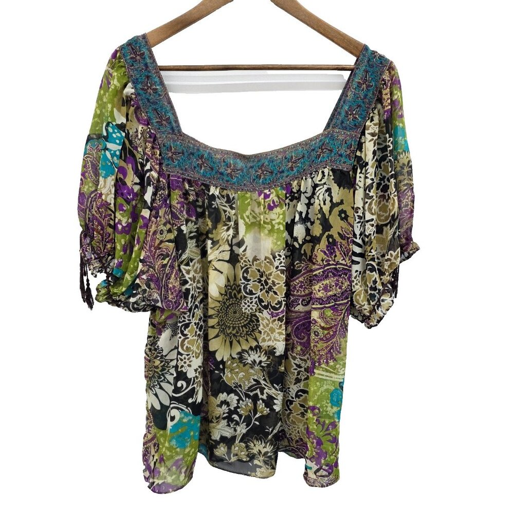 Beige By ECI‎ Womens Sheer Floral Paisley Top Blouse 3X Square Neck Boho Fairy
